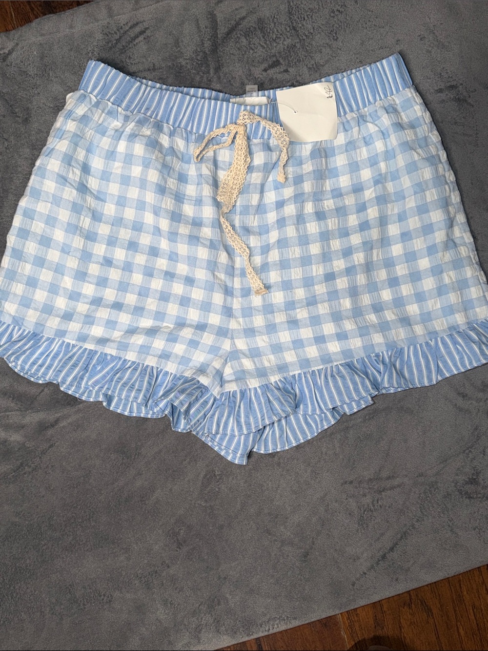 Fantastic Fawn Light Blue Gingham Ruffle Drawstring Shorts